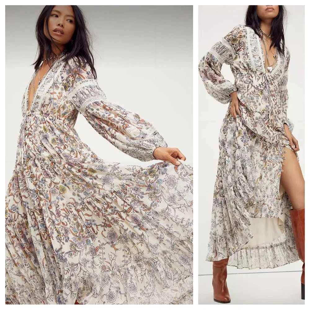 Free People Cassis Printed Chiffon Maxi Dress | XL